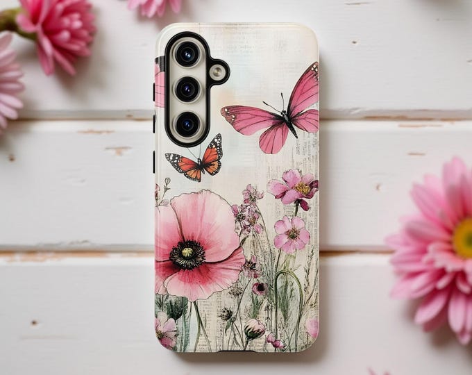 Phone Case, Coquette Pink Butterflies, Samsung iPhone Tough Sturdy Protection, Shabby Chic, Glossy Matte, Floral Design