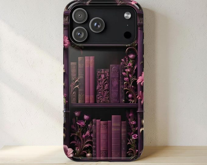 Dark Academia Bookshelf iPhone Case – Vintage Bookish Pink MagSafe Tough Cover