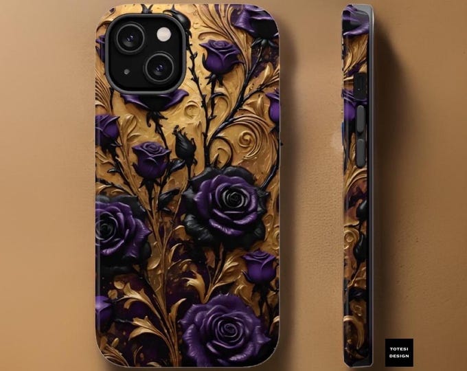 Magnetic Tough Cases, iPhone MagSafe Compatible Decadent Bling Glam Gold Purple Gothic Roses, 16 15 14 13 Pro Max Plus, Protective Phone