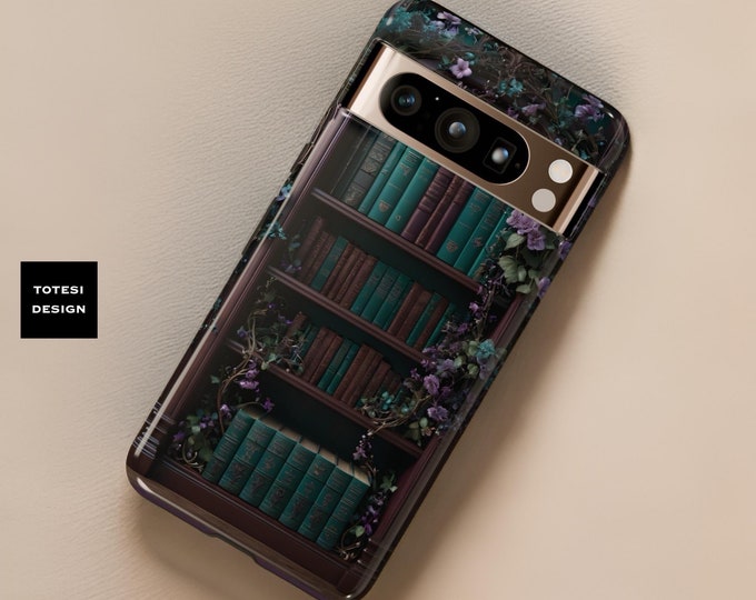 Goth vintage bookcase Green Floral Google Pixel Tough phone cases | dark academia  glossy matte | 9 8 7 6 5 Pro XL| book goth lover gift