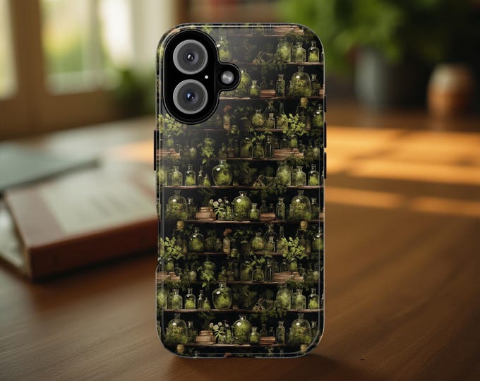 Phone Cases with Nature Plants Apothecary Shelves Design, Tough Cases for iPhone 16 15 14, Pro Max Plus, Samsung S25 S24 and Google Pixel,