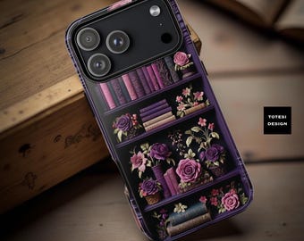 Goth Floral Bookshelf Phone Case, Dark Academia Bookish Design