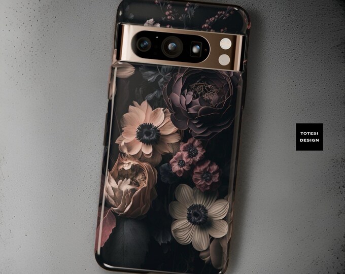 Dark Floral Academia, Google Pixel Tough Case 9 8 7 6 5 Pro 5G | ornamental Victorian Gothic Black | Glossy Matte