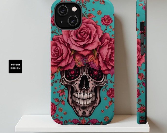 iPhone MagSafe Tough Case, Skulls Roses Turquoise Pink Phone Cover, Whimsy Goth Gift, Glossy Matte 13 14 15 16, Birthday Daughter, Unique