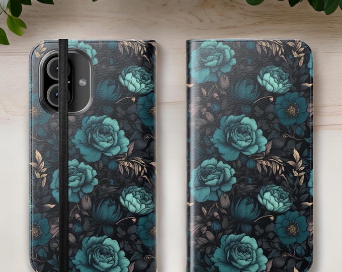 Vintage Floral Flip Phone Case Wallet Stand, Dark Teal iPhone Cover Protective Folio 16 15 13 12 11 Pro Max Plus
