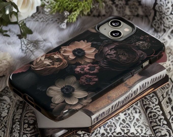 iPhone dark floral academia  aesthetic case 15 14 13 12 11 Plus Pro Max| ornamental Victorian Gothic Black | Glossy Matte