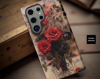 Grunge Goth Floral Phone Case: Black & Red Roses, Tough Dual Layer
