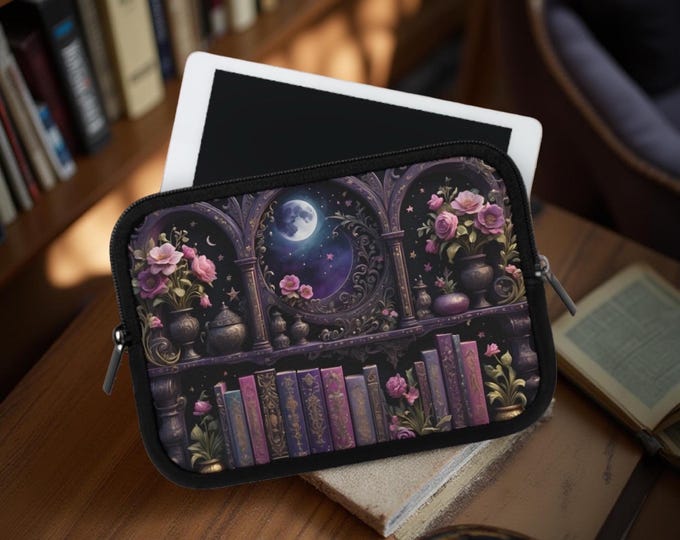 Bookshelf Fantasy Celestial Goth Laptop Sleeve, Padded Mac iPad Kindle Cover, Magical Gift for Her, Tablet Mac iPad, Protective Tech Case,