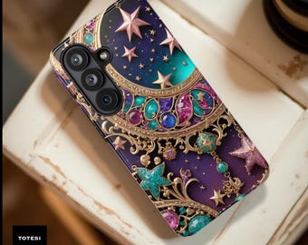 May include: A smartphone case featuring a deep purple and teal background with gold filigree, pink and teal stars, and embedded jewel-like accents. The design includes intricate metallic scrollwork and celestial motifs. The text TOTESI DESIGN is visible in the corner.