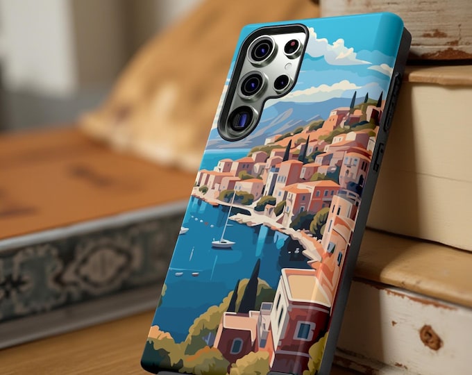 Phone Cases, Retro Greece Vacation Coastal Art, Travel Poster Tough Case, Summer Holiday Gift, Coastal Decor Phone Cover