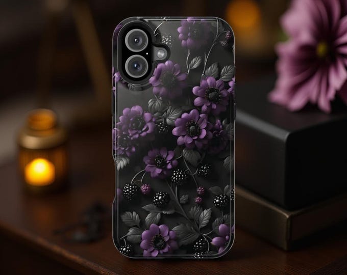 MagSafe iPhone 16 Black berry purple dark floral gothic iPhone  tough cases 15 14 13 12  Plus Pro Max Mini Glossy matte  Gift for birthday