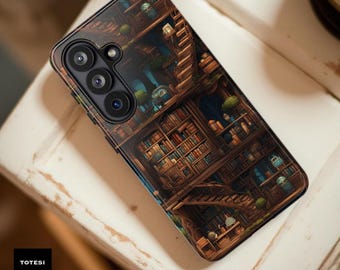 Gothic Library Bookshelf Phone Case: Whimsical Dark Academia iPhone & Samsung Cover