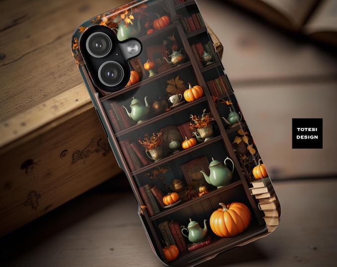MagSafe iPhone Case Cozy Fall Bookcase books teapots