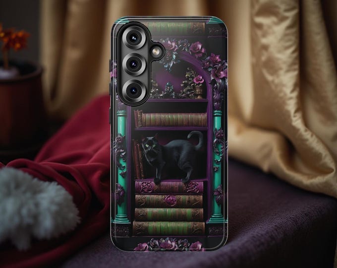 Goth dark academia books floral black cat Samsung Galaxy phone cases  | sturdy dual layer | black cat | S25 S24 S23 S22 S21 S20 Plus ultra
