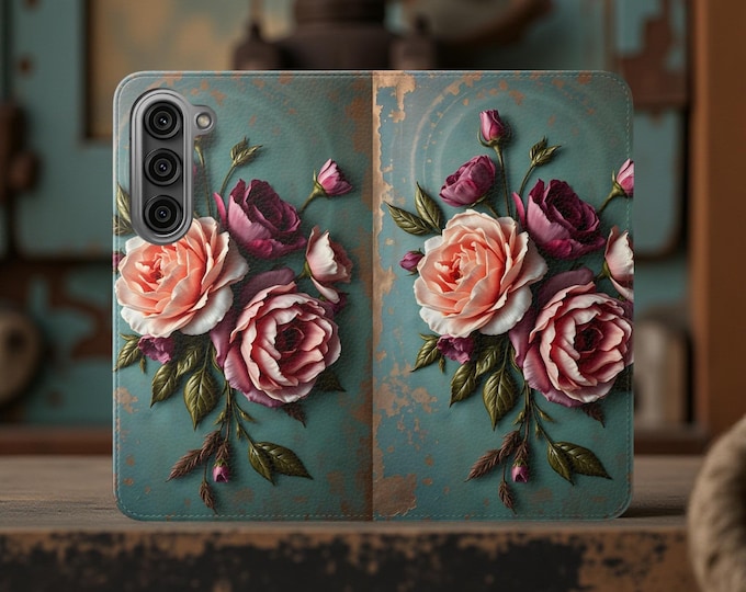 Vintage Teal Floral Faux Leather Phone Wallet Case