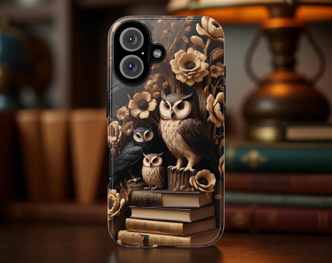 Books Goth Wise Owls dark academia iPhone Samsung Galaxy phone cases S25 S24 S23 S22| iPhone 16 - 11, Google Pixel, book owl lover gift