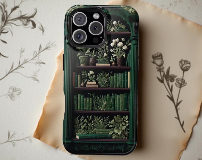 Bookshelf iPhone 16 17 Pro Max Air Case: Whimsical Floral Book Design, Magnetic, Tough