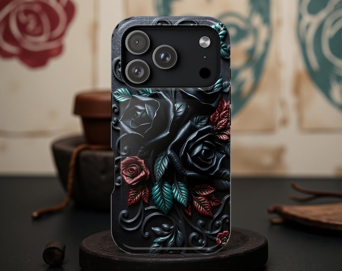 Fall Winter iPhone Case Roses Goth, Teal Black  Floral Impact Resistant iPhone 17 - 11
