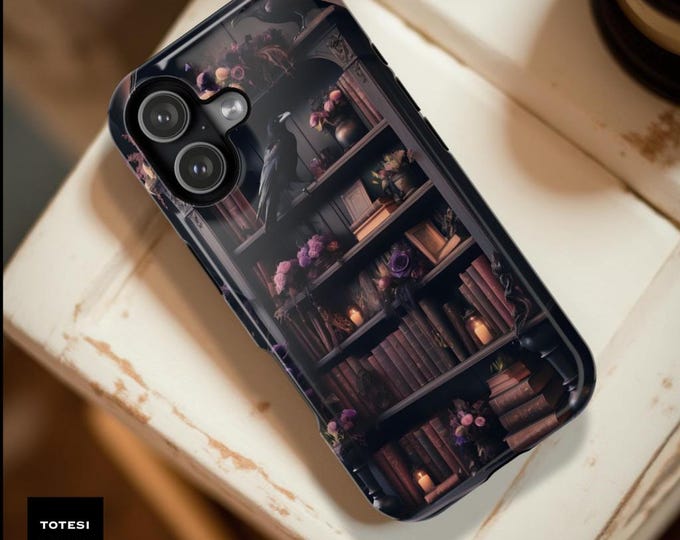 Bookish Goth Dark Academia Raven Bookshelf iPhone Case, Magnetic Compatible