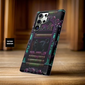 Goth dark academia books floral black cat Samsung Galaxy phone cases  | sturdy dual layer | glossy matte | S24 S23 S22 S21 S20 Plus ultra