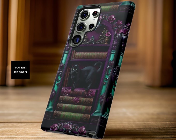Goth dark academia books floral black cat Samsung Galaxy phone cases  | sturdy dual layer | glossy matte | S24 S23 S22 S21 S20 Plus ultra