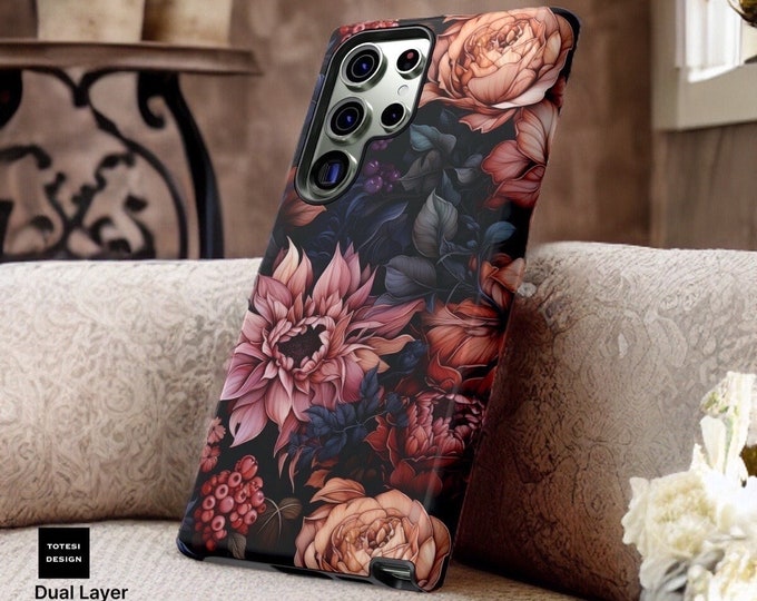 Dark Pink Floral Academia, Samsung Galaxy Tough Case S23 S22 S21 Plus Ultra| Glossy or Matte