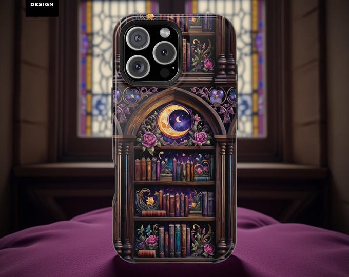 Cute Whimsy Goth Bookshelf iPhone MagSafe Case, Witchy Book Stuff, Spell Books, Gift for Reader - Magnetic Tough Case, Gift for daughter