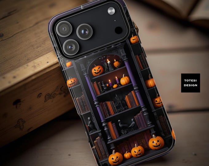 Goth Halloween pumpkins Spooky Bookcase Pumpkins Fall  iPhone Cases Tough  17 16 15 14 13 12 11, Samsung Galaxy S25 S24 S23 S22