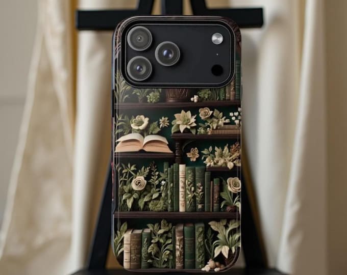Bookcase Floral Art Phone Case: Vintage Bookish Design
