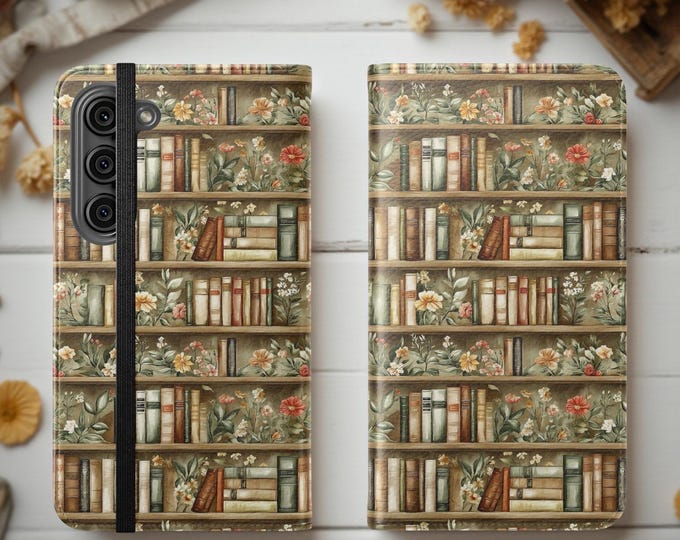 Floral Bookish Wallet Folio Flip Cases - Bookworm Phone Case Cardholder, Book Lover Gift, Literary Accessories, iPhone Samsung Phone Cover