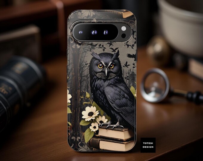 Books Goth Owl dark academia iPhone Samsung Galaxy S25 S24 phone cases S24 S23 S22  16 15 14 13 12 11  | glossy matte | book owl lover gift