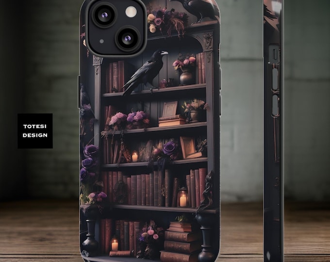 Ravens bookcase Gothic Halloween iPhone  16 15 14 13 12 11 Pro Max Plus tough cases | dark academia glossy matte  | Xmas gift