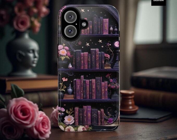 Purple bookshelf phone cases gothic dark academia floral books bookshelf, Google Samsung Galaxy S25 S24 S23 Plus Ultra, iPhone 16 15 14 13