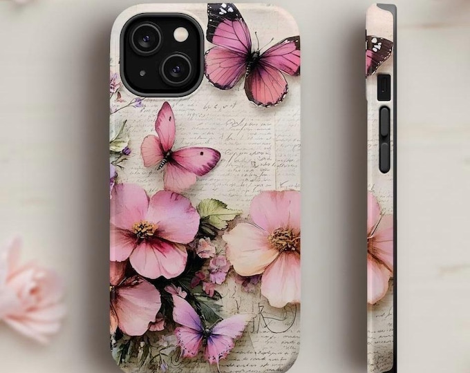 Magnetic Tough Cases, Coquette Cute MagSafe iPhone Case, Pastel Pink Flower Butterflies, French Vintage Romantic, 16 15 14 13 Pro Max Plus