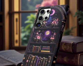 Bookish Gothic Bookshelf Phone Case: Celestial Purple Fantasy