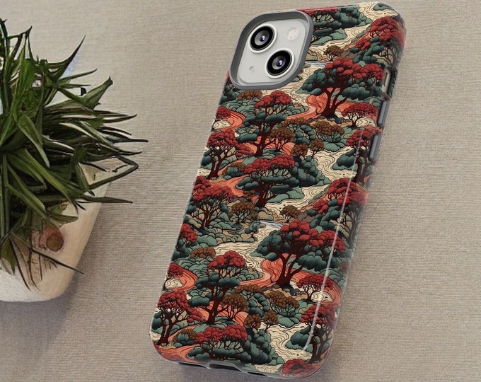 Japanese Vintage Landscape Art Forest Trees Nature aesthetic| iPhone Tough Case 15 15 13 12 11 Pro Max Plus Mini  | Glossy or Matte