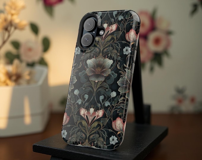 Magnetic Dark Floral Art Deco Phone Case - Impact-Resistant Cover