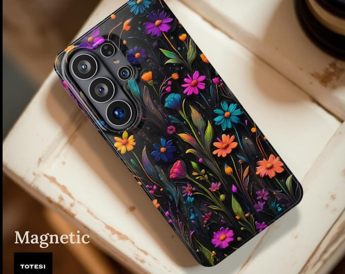 Black Neon Wildflowers MagSafe phone Case: Glossy or Matte Finish