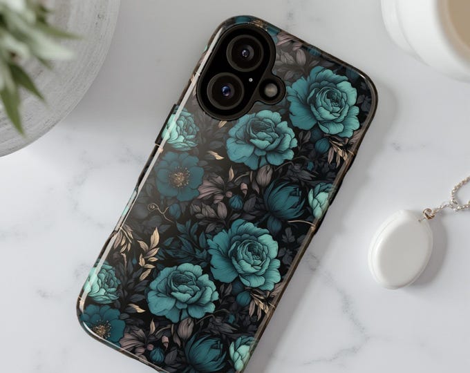 Phone Case, Dark Teal Floral Vintage Tough Case - Tough Phone Cover, Protective Smartphone Case, Floral Print Phone Shell, Vintage Pattern
