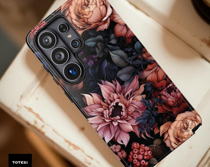 Romantic Floral Phone Case: Dark Pink Black Flowers, Dual Layer Tough Protection