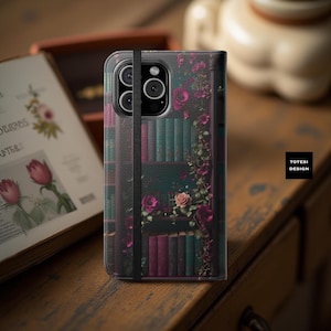 Funda tipo cartera para teléfono con diseño de estantería de la Academia Oscura, funda tipo libro estilo gótico para iPhone y Samsung Galaxy, tarjetero, regalo para amantes de los libros.