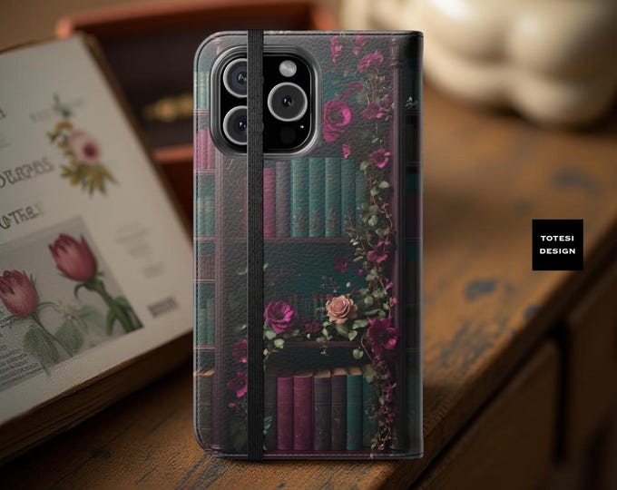 Bookshelf Dark Academia  Cover Phone Wallet Case, Flip Folio Gothic iPhone Samsung Galaxy Cover, Card Holder Stand Gift Bookworms Cute