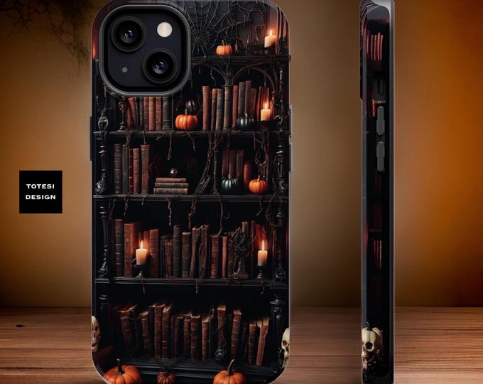 Fall MagSafe iPhone 16 case Bookshelf Spooky Halloween bookish cute aesthetic tough phone case 13 14 15 Pro Max Plus Mini| Goth gifts
