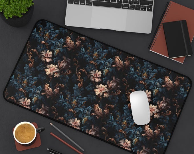 Vintage Dark Botanical Print Desk Pad - Goth Office Accessories