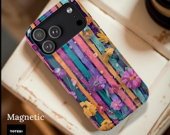 Colorful Floral Hippie Stripes phone case | Magnetic impact-resistant case