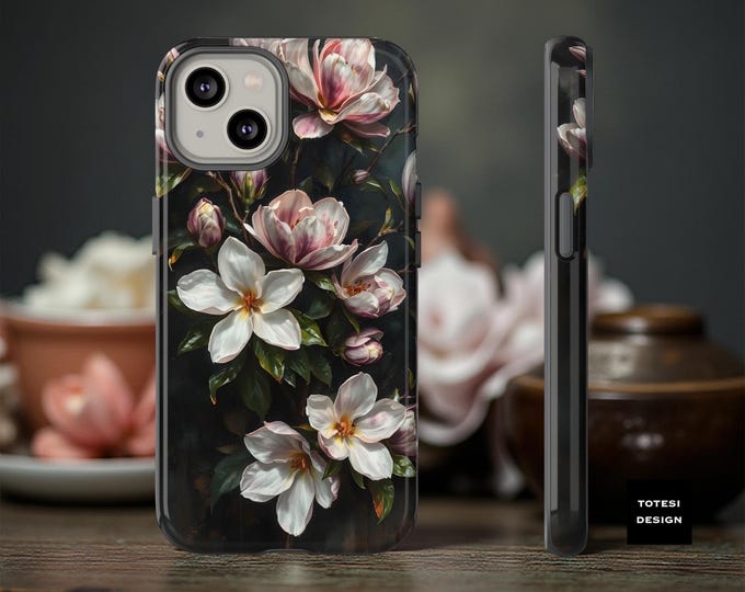 Phone Case Dark Moody Floral Magnolia,  Samsung S25 S24 S23 Plus Ultra, iPhone 16 15 14 13 12 11 Pro Max Plus, Google Gift for flower lover