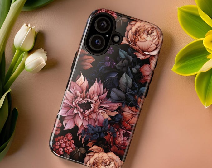 Dark Pink Black Gothic Floral , iPhone Tough Case 16 15 14 13 12 Plus Pro Max Mini| Victorian Witchy Flowers| Glossy or Matte
