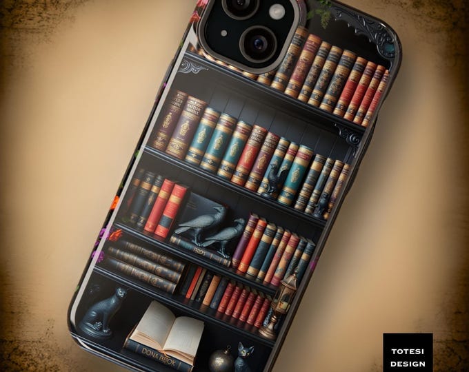 Vintage bookshelf dark academia Goth MagSafe iPhone tough case Unique Floral Art 13 14 15 Pro Max Plus Mini | Glossy  Matte