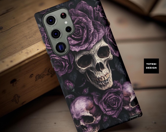 Gothic Skulls Purple Roses Tough Phone Case, iPhone Samsung Google Pixel, Gift for Daughter