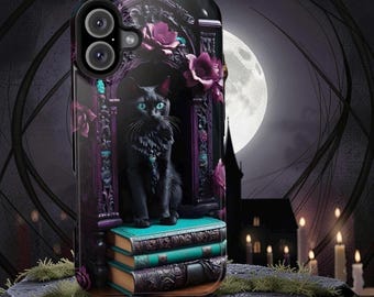 Floral Black Cat Books MagSafe iPhone Tough Case